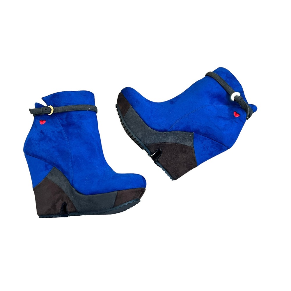 WOMENS LOVE MOSCHINO BLUE COLORBLOCK SUEDE PLATFORM WEDGE ANKLE BOOTS BOOTIES 39